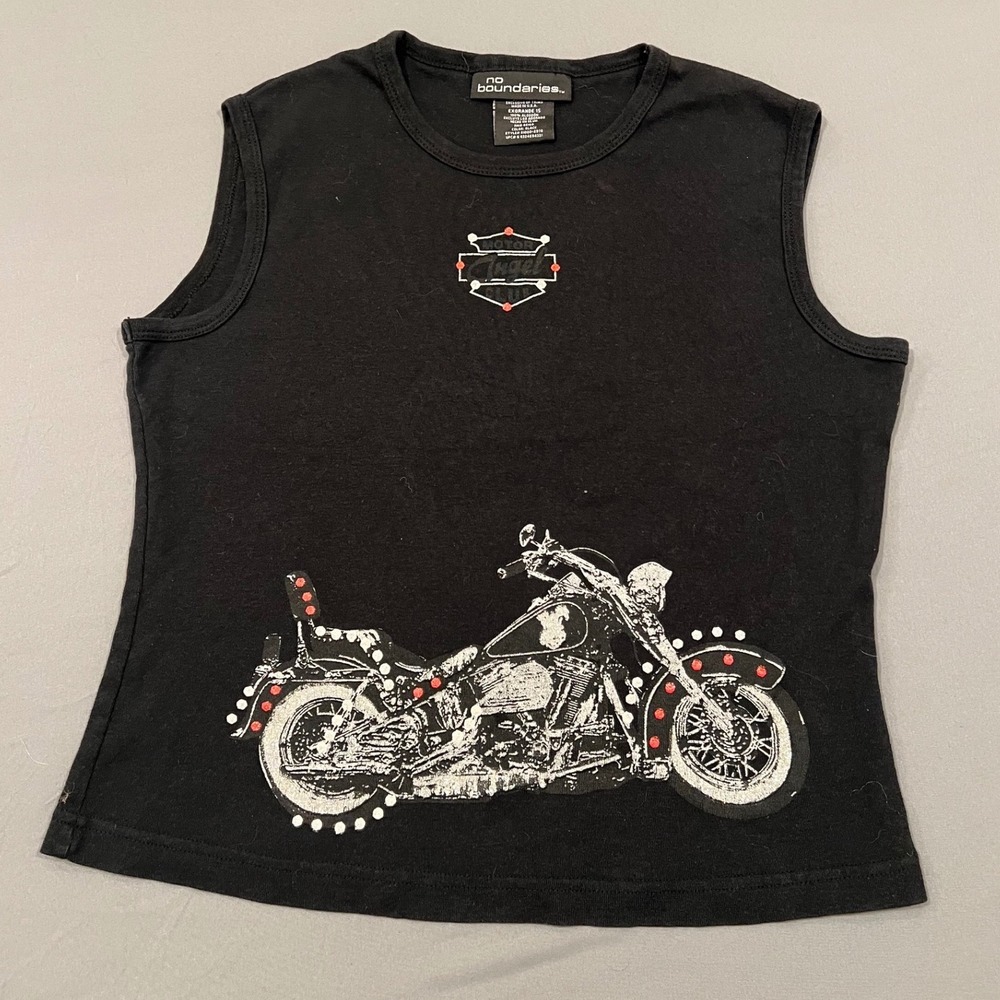 No Boundaries Y2K Biker Graphic Tank Top Black Motor Angel XL 15 Grunge Moto